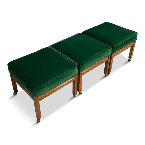 Mid Century Trio of Square Upholstered Stools in Emerald Velvet and Pecan Wood