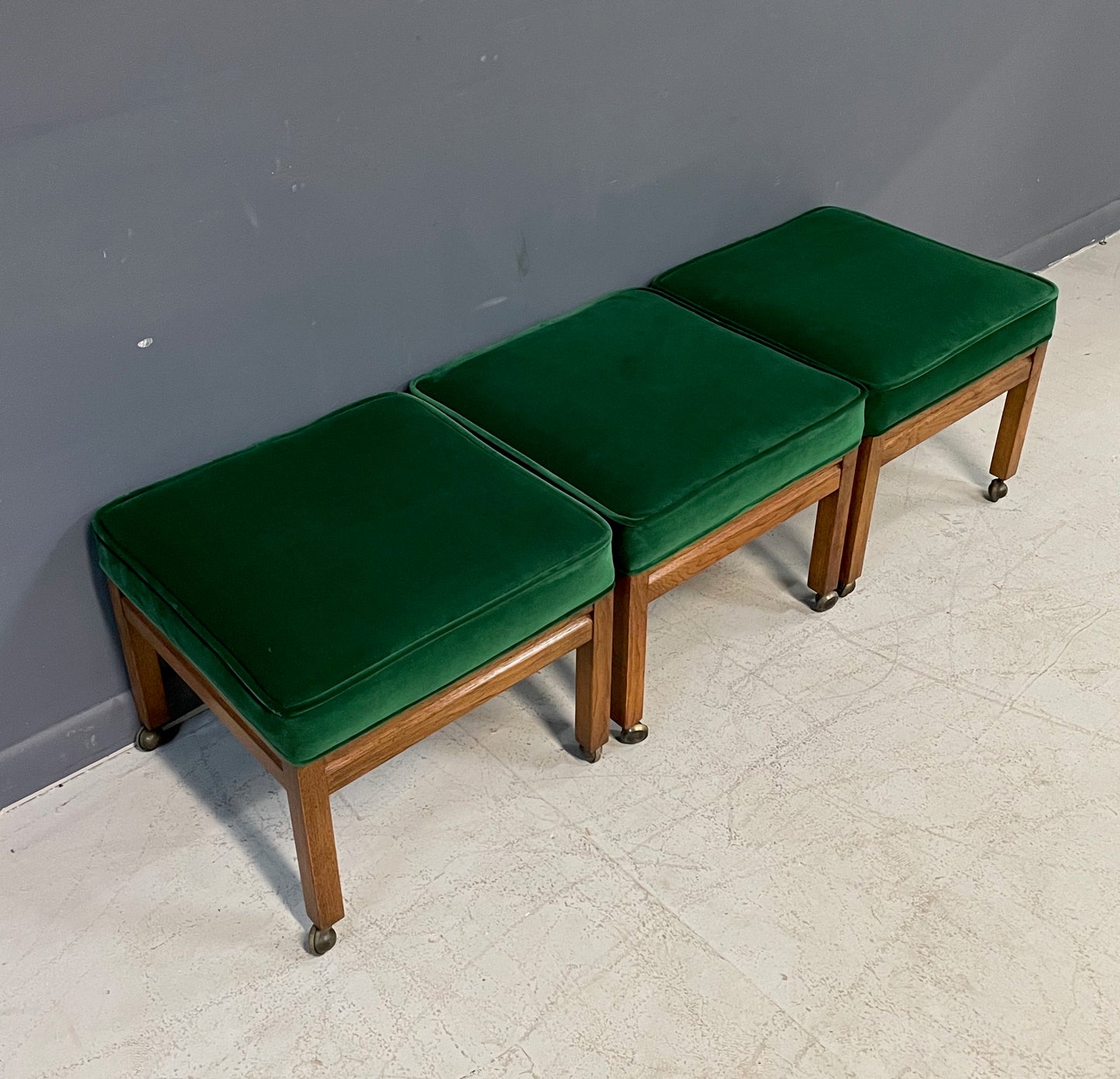 Mid Century Trio of Square Upholstered Stools in Emerald Velvet and Pecan Wood