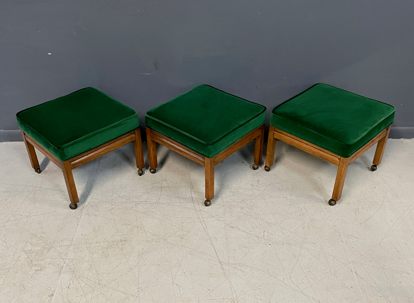 Mid Century Trio of Square Upholstered Stools in Emerald Velvet and Pecan Wood