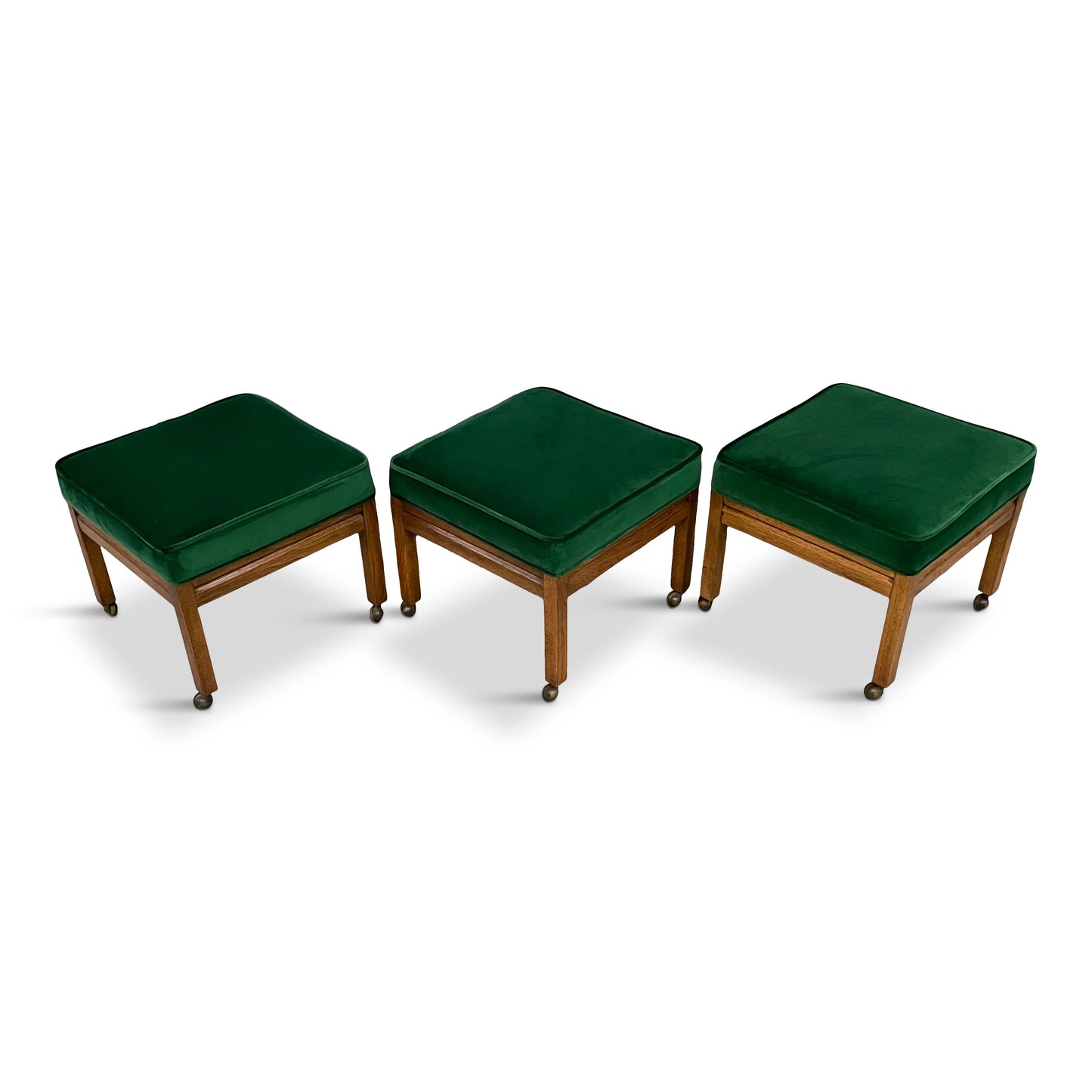Mid Century Trio of Square Upholstered Stools in Emerald Velvet and Pecan Wood