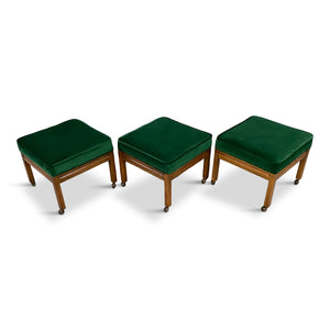 Mid Century Trio of Square Upholstered Stools in Emerald Velvet and Pecan Wood