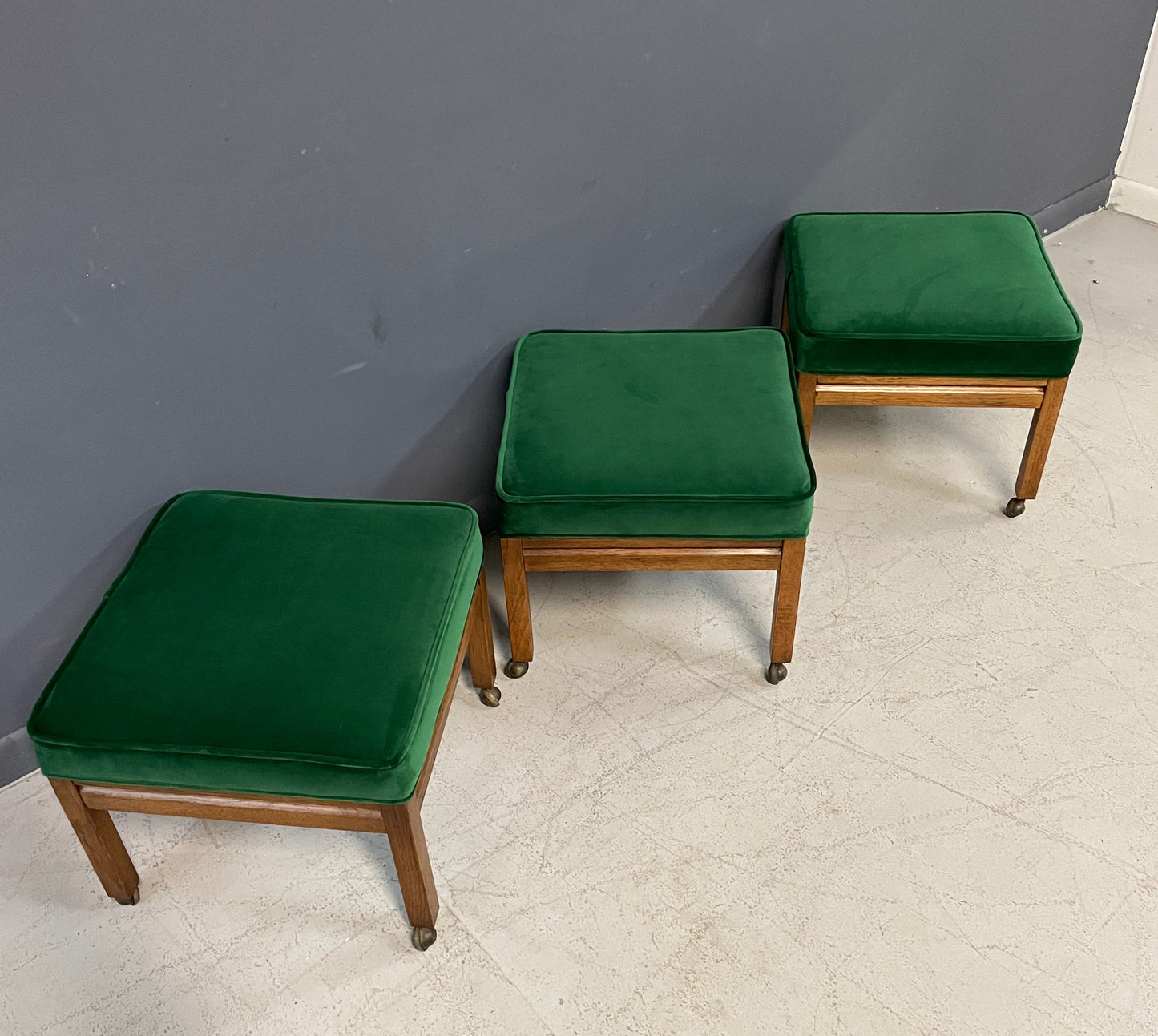 Mid Century Trio of Square Upholstered Stools in Emerald Velvet and Pecan Wood