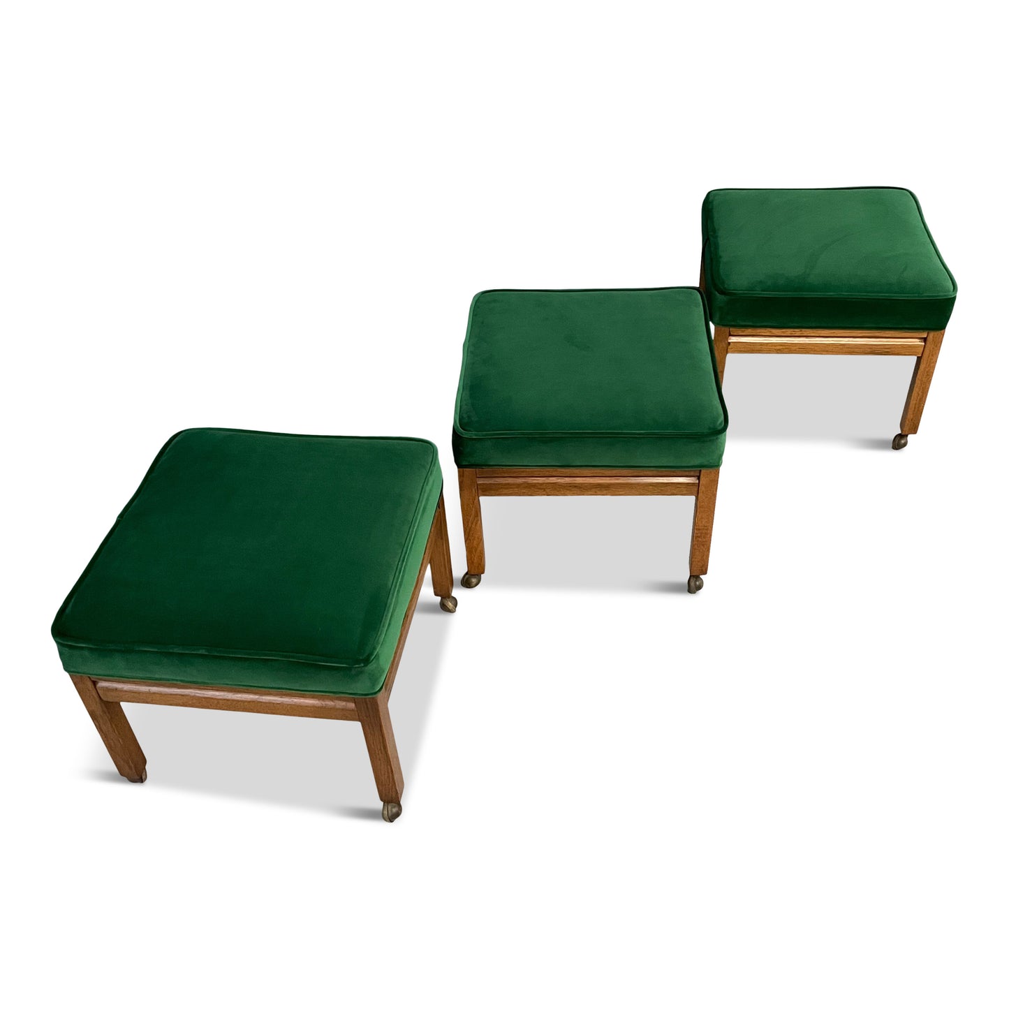 Mid Century Trio of Square Upholstered Stools in Emerald Velvet and Pecan Wood