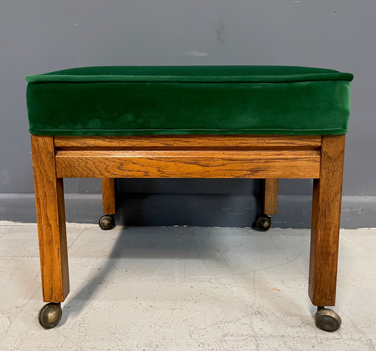 Mid Century Trio of Square Upholstered Stools in Emerald Velvet and Pecan Wood