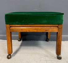 Load image into Gallery viewer, Mid Century Trio of Square Upholstered Stools in Emerald Velvet and Pecan Wood