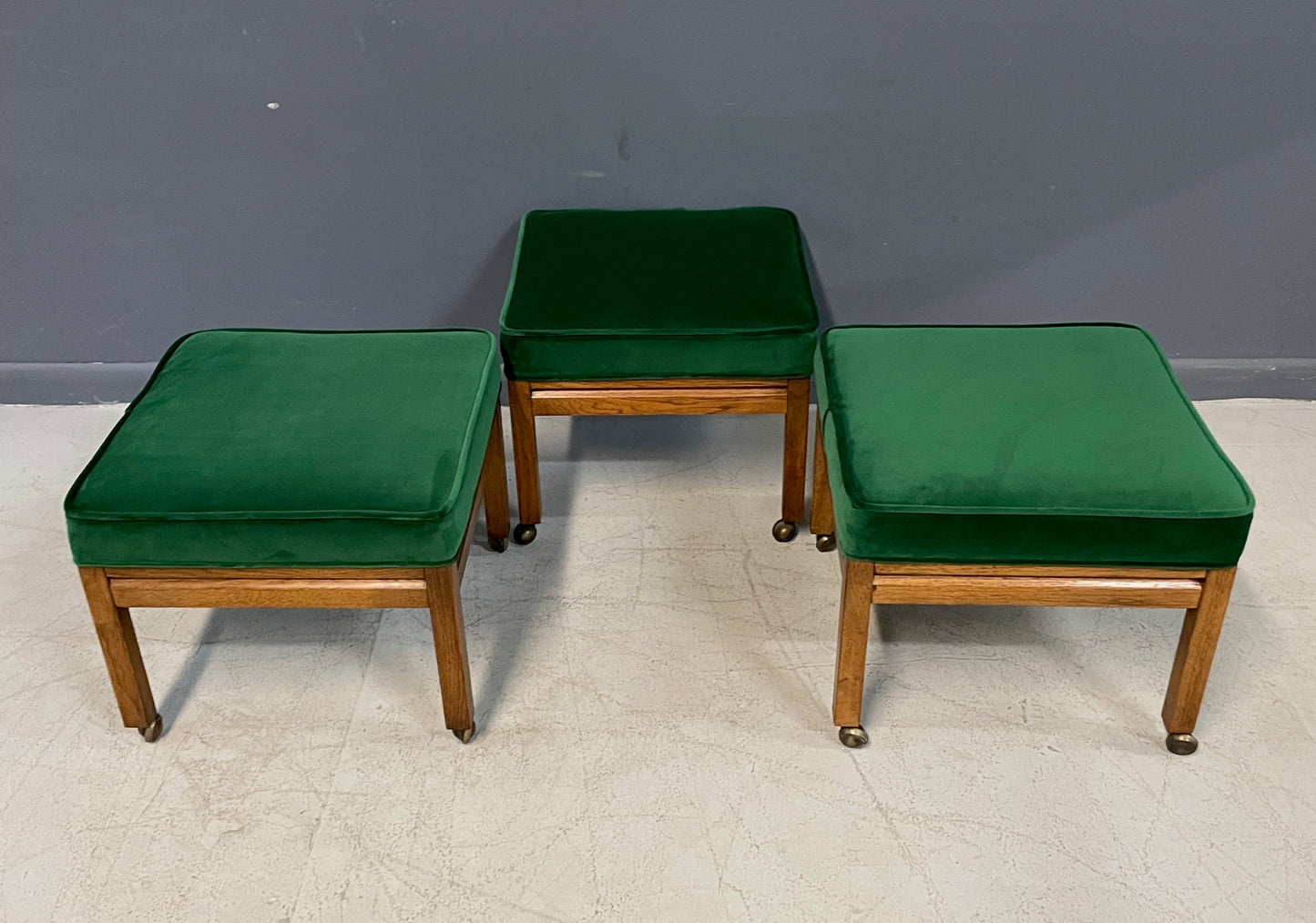 Mid Century Trio of Square Upholstered Stools in Emerald Velvet and Pecan Wood