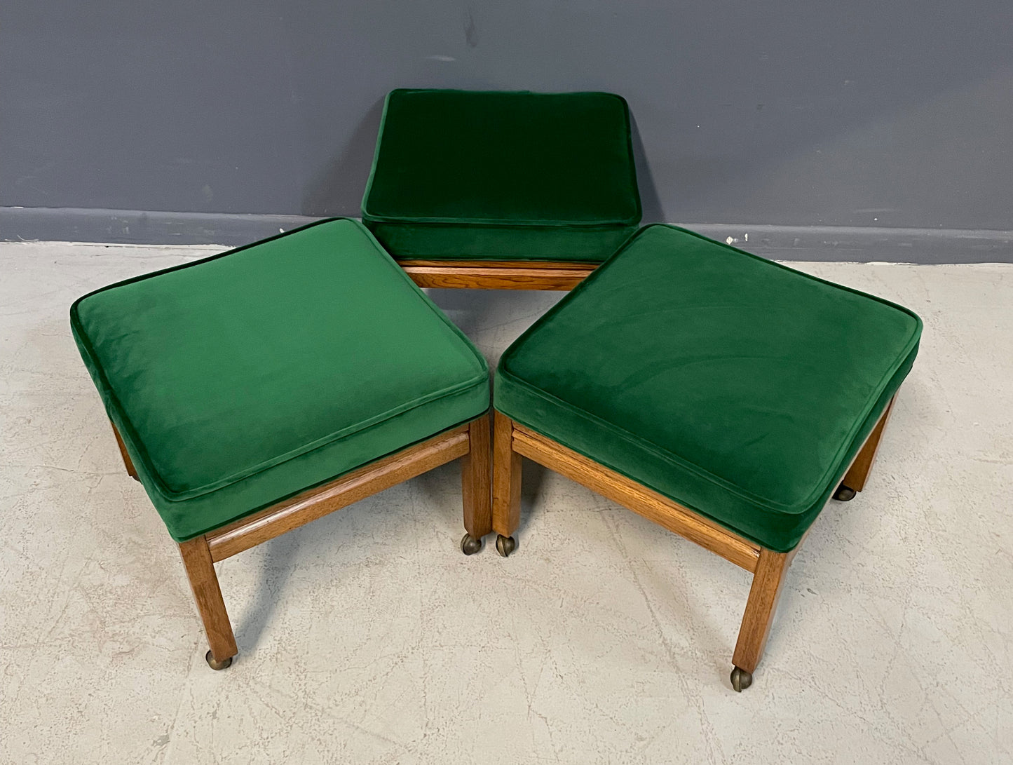 Mid Century Trio of Square Upholstered Stools in Emerald Velvet and Pecan Wood