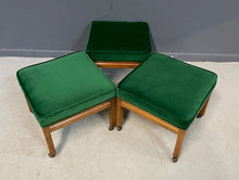 Load image into Gallery viewer, Mid Century Trio of Square Upholstered Stools in Emerald Velvet and Pecan Wood