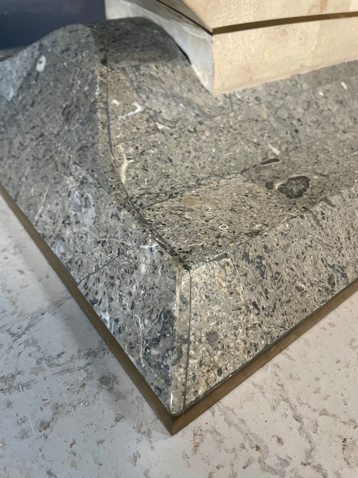 Maitland Smith Tessellated Fossil Stone and Brass Coffee Table Mid Century
