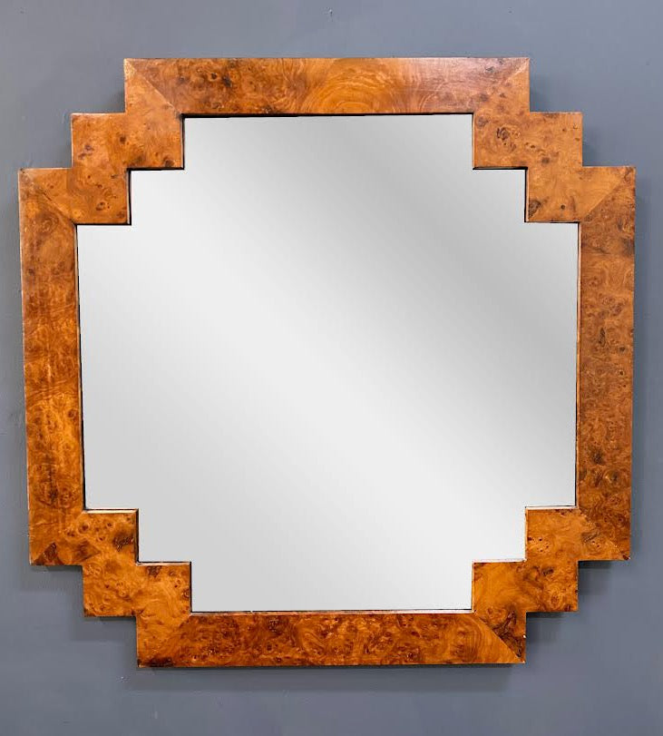 SOLD – Burled Elmwood Geometric Mirror Italian by LaBarge