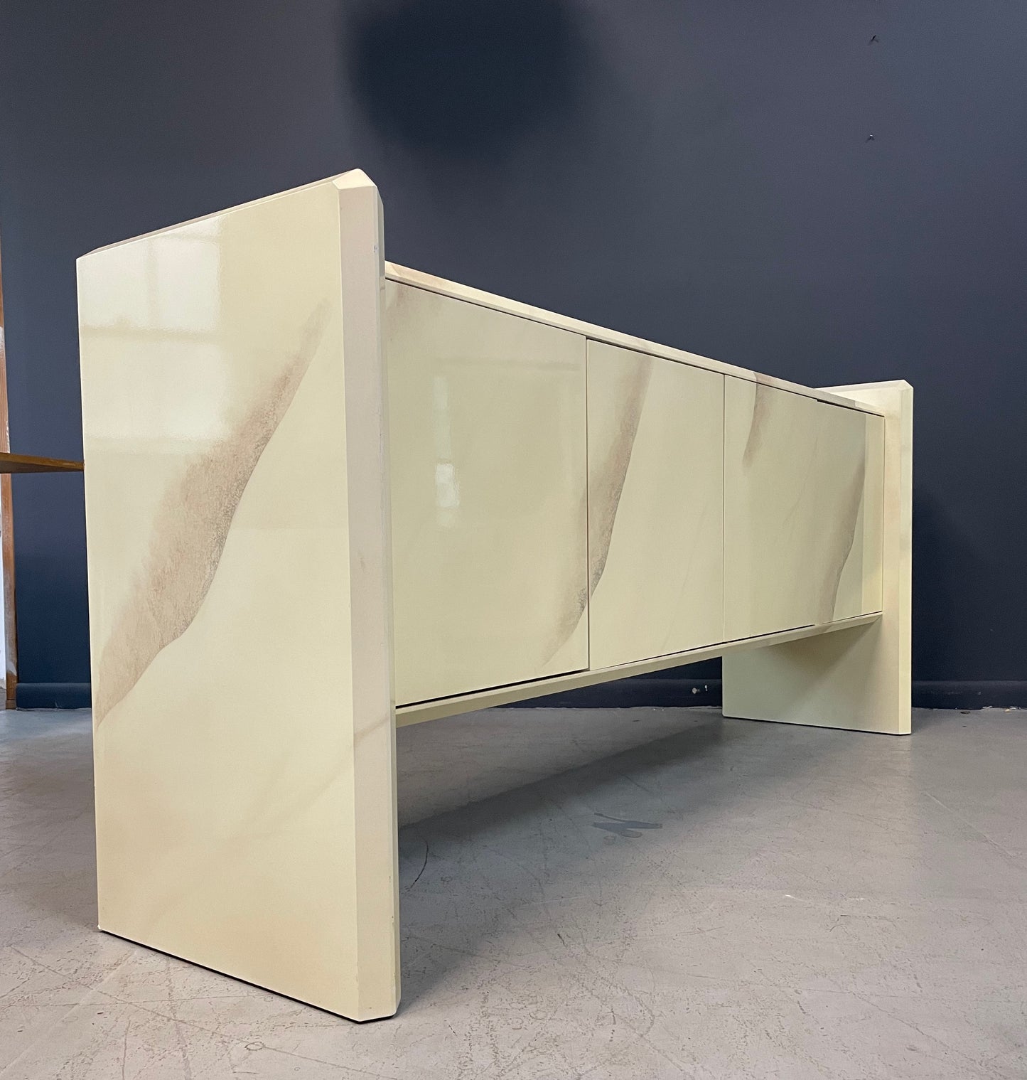 SOLD – 1980s Faux Goatskin Sideboard in the Manner of Springer by Elkins Furniture