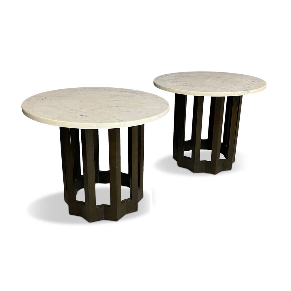 SOLD – Harvey Probber Pair of Circular Side Tables Walnut With Marble Tops Mid Century