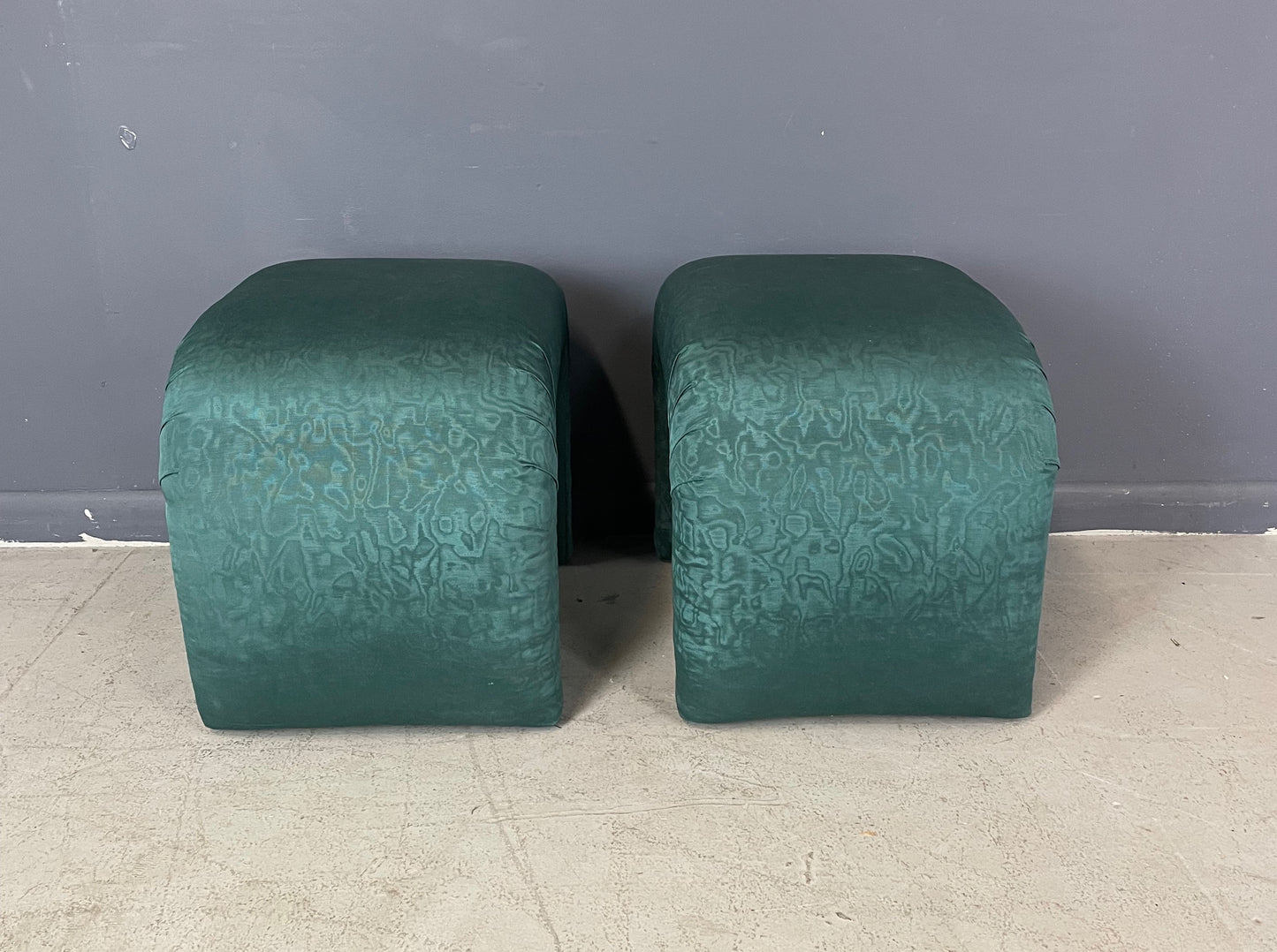 1980s Waterfall Benches in a Green Moire Fabric in the Style of Karl Springer