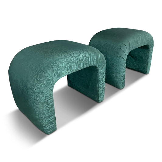 1980s Waterfall Benches in a Green Moire Fabric in the Style of Karl Springer