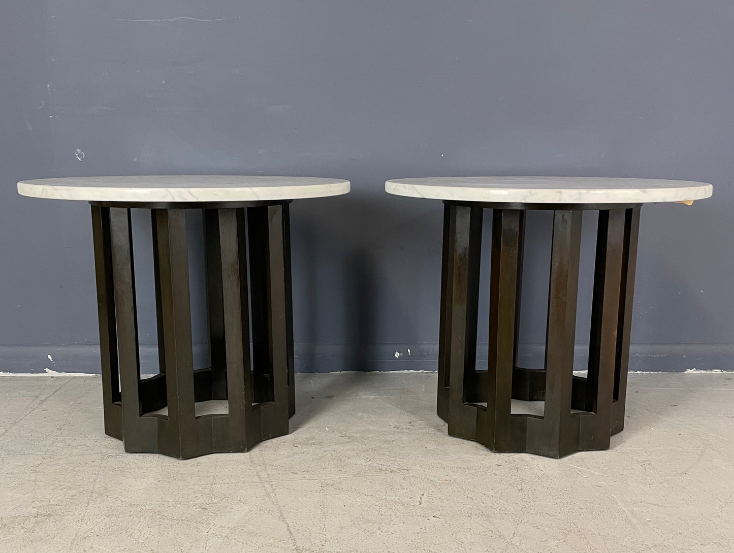 SOLD – Harvey Probber Pair of Circular Side Tables Walnut With Marble Tops Mid Century