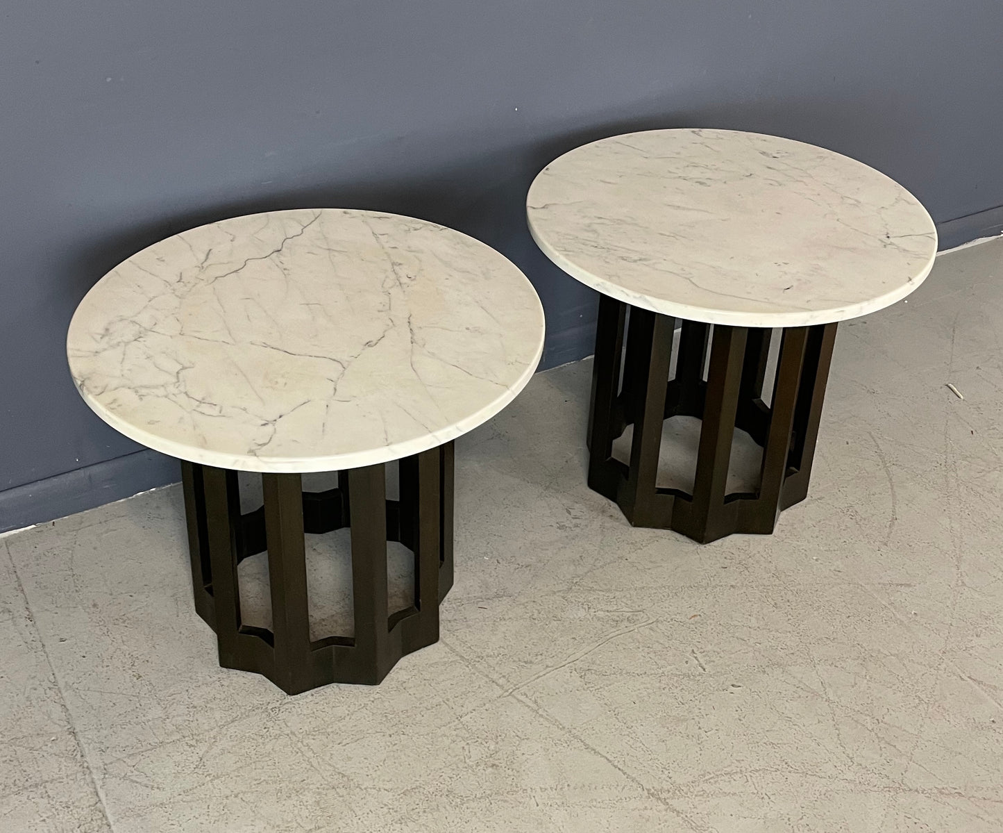 SOLD – Harvey Probber Pair of Circular Side Tables Walnut With Marble Tops Mid Century