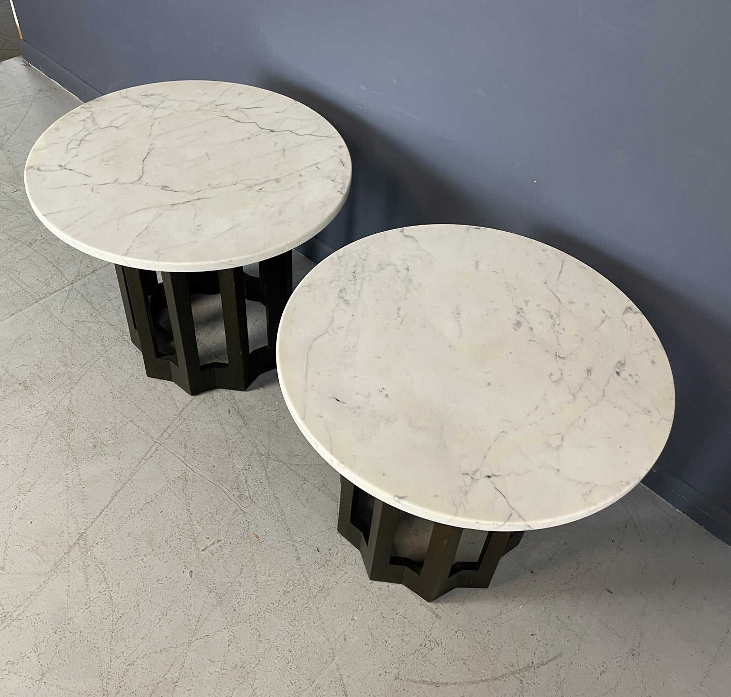 SOLD – Harvey Probber Pair of Circular Side Tables Walnut With Marble Tops Mid Century