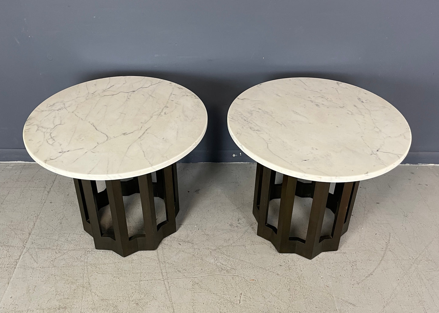SOLD – Harvey Probber Pair of Circular Side Tables Walnut With Marble Tops Mid Century
