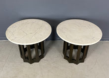 Load image into Gallery viewer, Harvey Probber Pair of Circular Side Tables Walnut With Marble Tops Mid Century