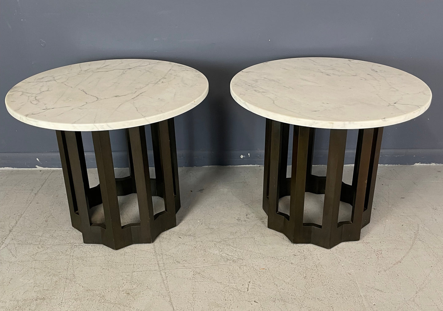 SOLD – Harvey Probber Pair of Circular Side Tables Walnut With Marble Tops Mid Century