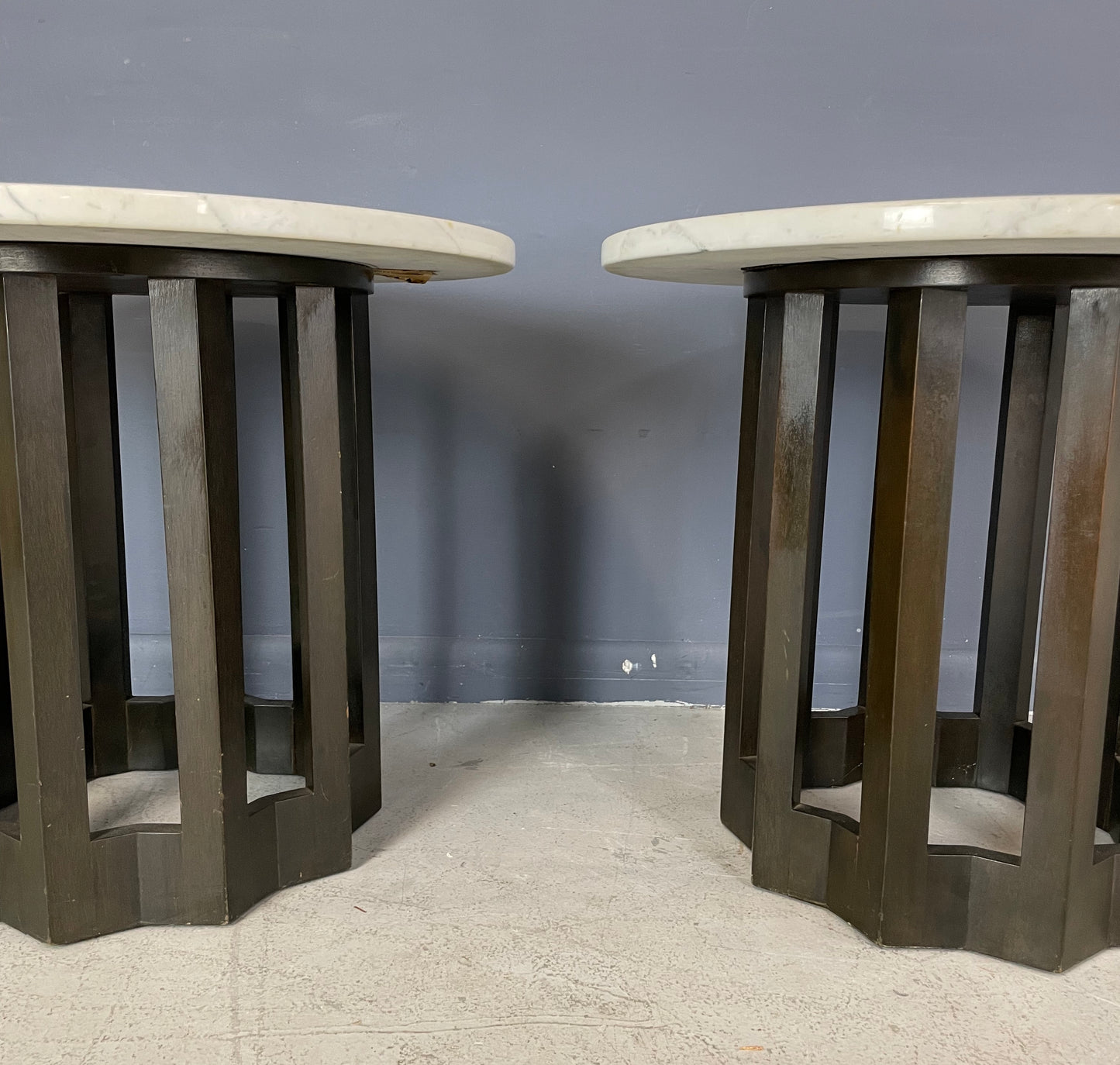 SOLD – Harvey Probber Pair of Circular Side Tables Walnut With Marble Tops Mid Century