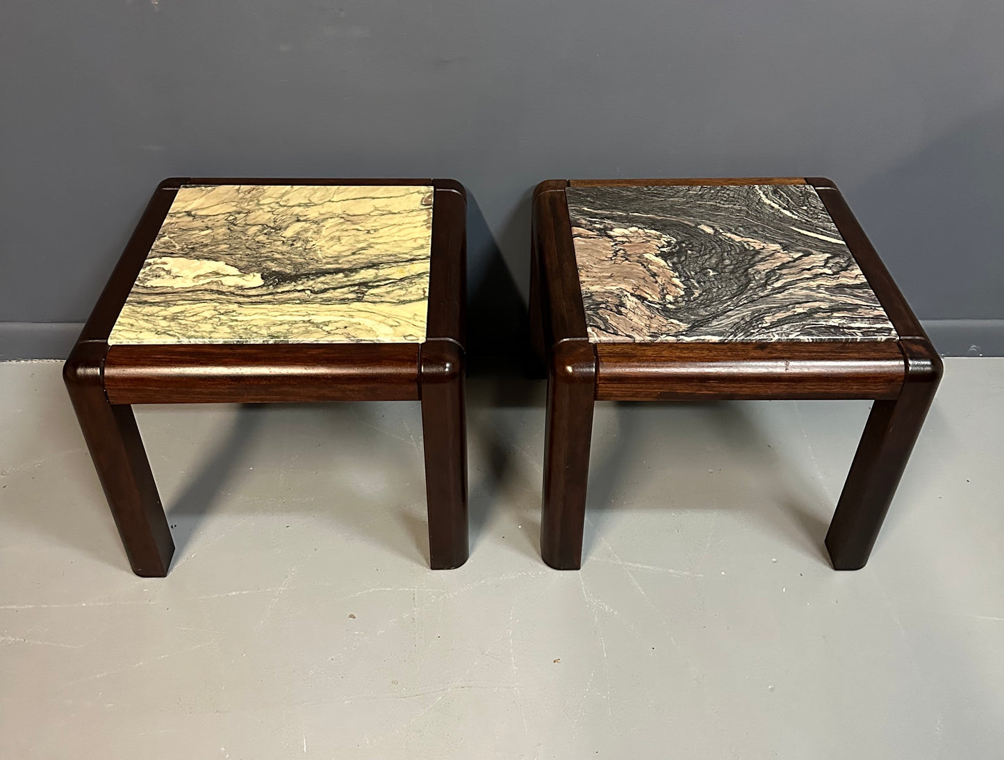 SOLD – 1960s Danish Trioh-Mobler Side Tables in Rosewood and Marble Mid Century
