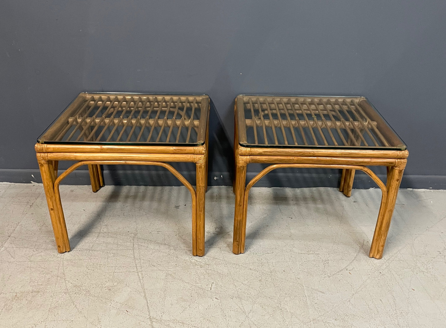 SOLD – Pair of Square Bamboo Side or End Tables with Glass Tops Mid Century