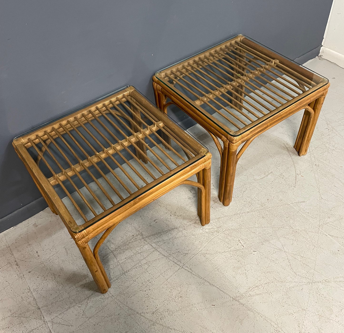 SOLD – Pair of Square Bamboo Side or End Tables with Glass Tops Mid Century