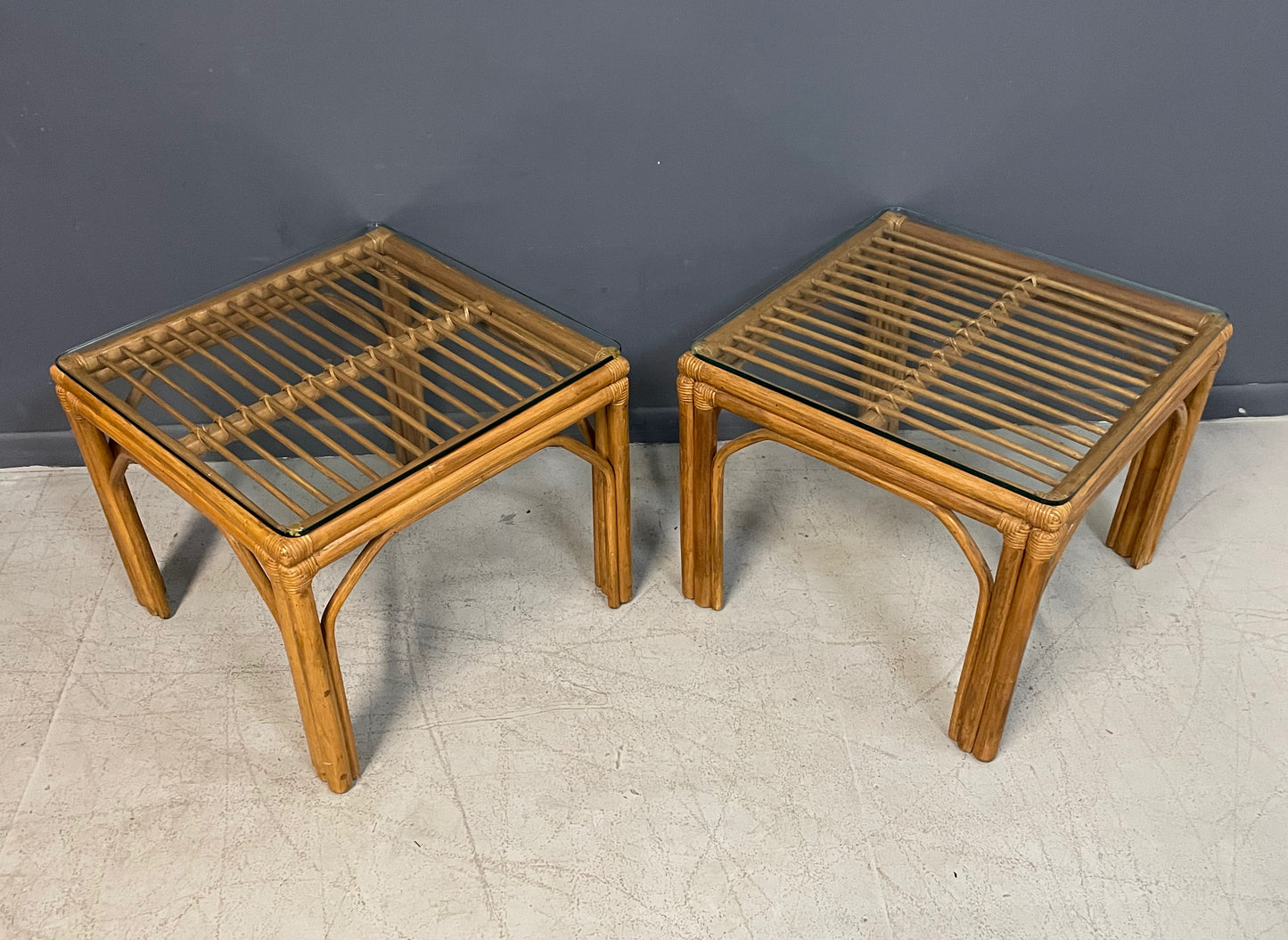 SOLD – Pair of Square Bamboo Side or End Tables with Glass Tops Mid Century