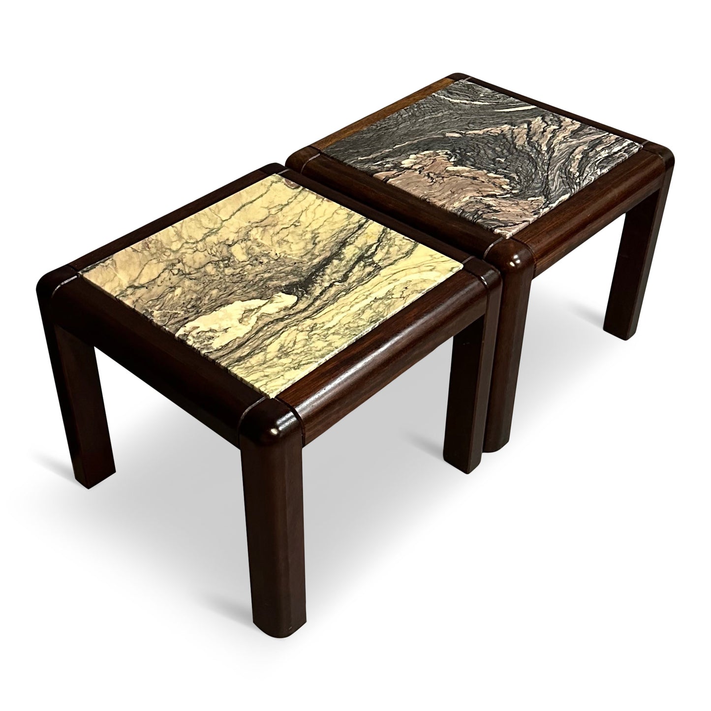 SOLD – 1960s Danish Trioh-Mobler Side Tables in Rosewood and Marble Mid Century