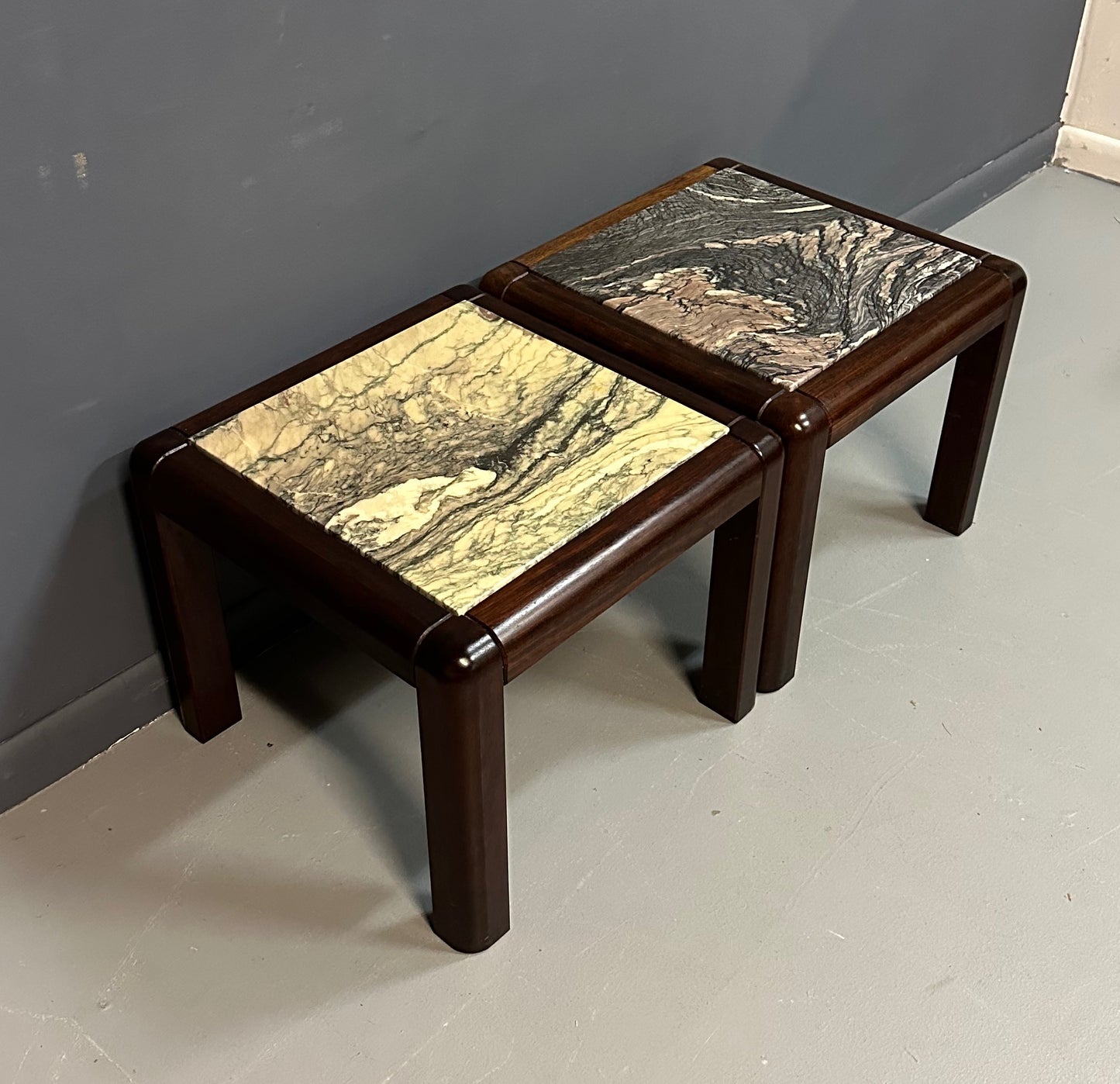 SOLD – 1960s Danish Trioh-Mobler Side Tables in Rosewood and Marble Mid Century