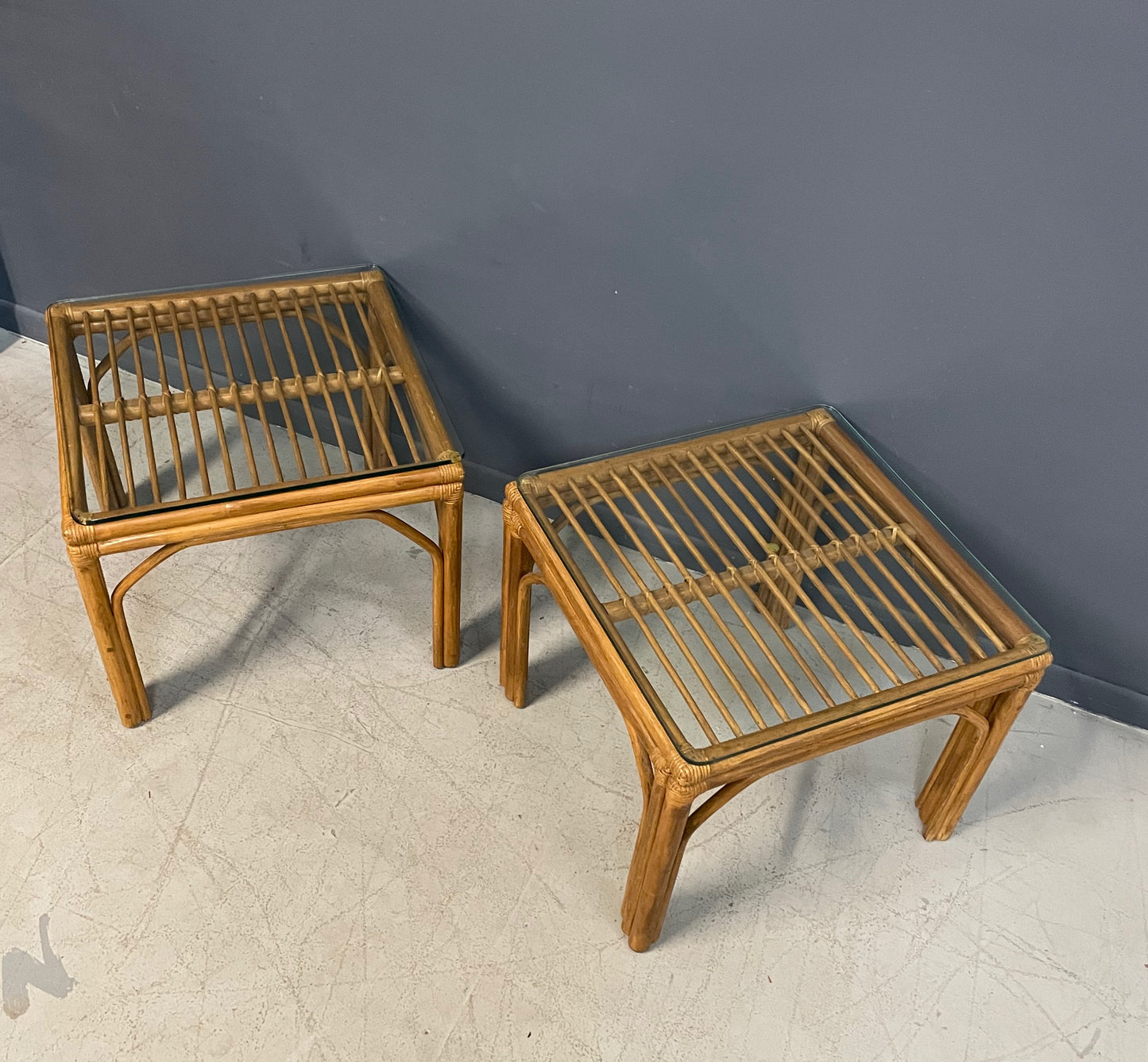 SOLD – Pair of Square Bamboo Side or End Tables with Glass Tops Mid Century