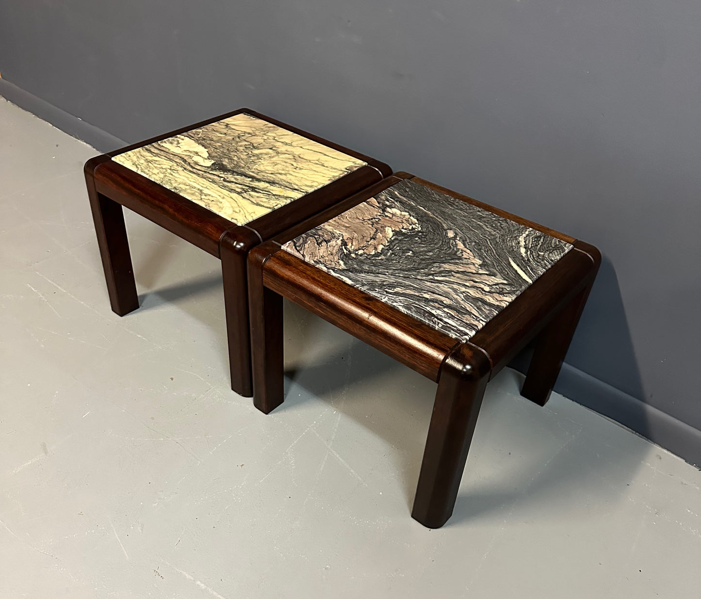 SOLD – 1960s Danish Trioh-Mobler Side Tables in Rosewood and Marble Mid Century
