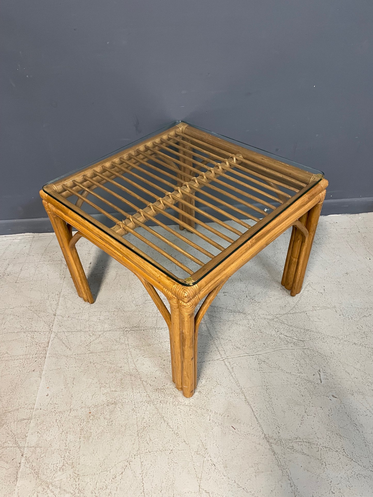SOLD – Pair of Square Bamboo Side or End Tables with Glass Tops Mid Century