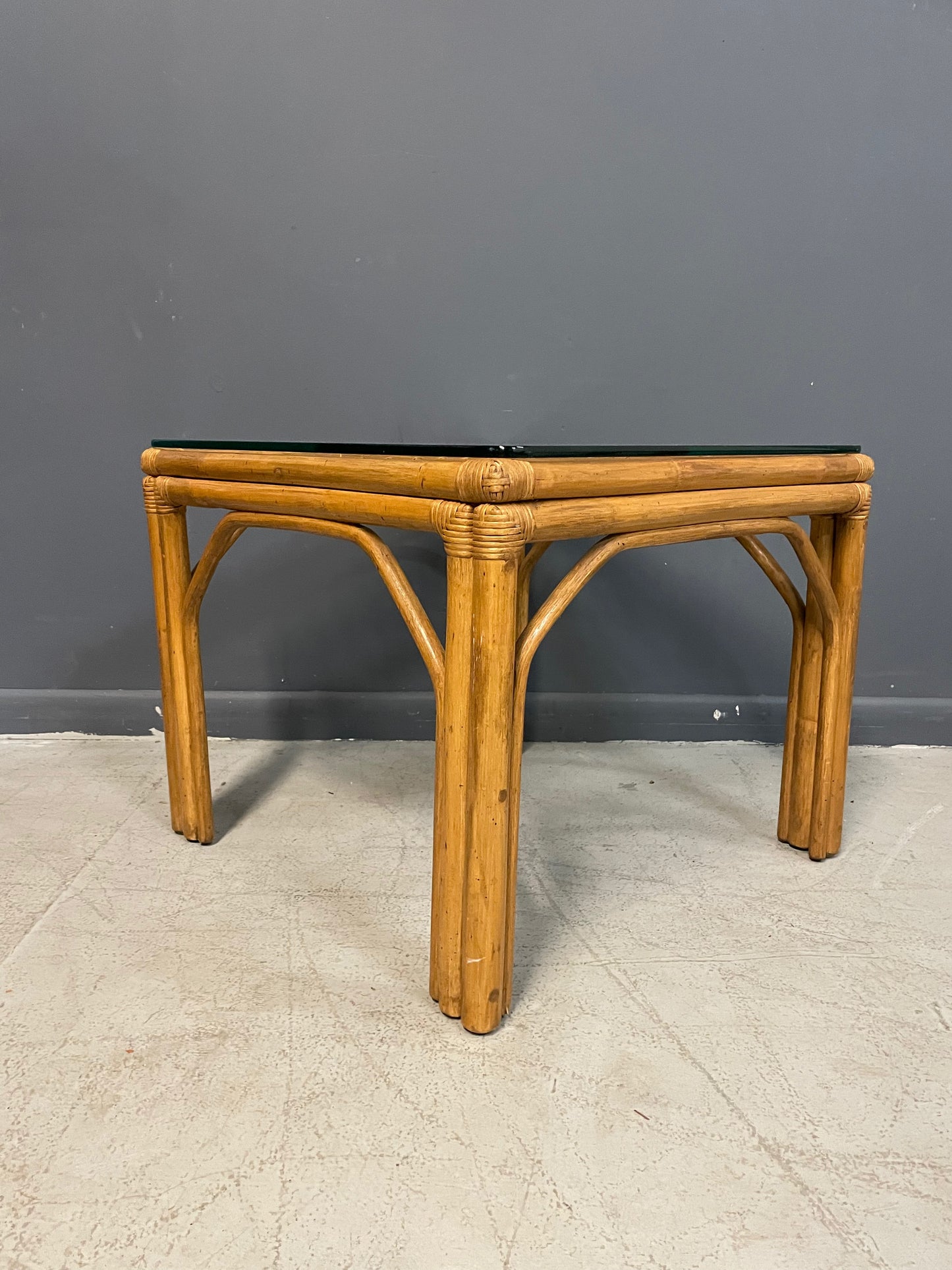 SOLD – Pair of Square Bamboo Side or End Tables with Glass Tops Mid Century