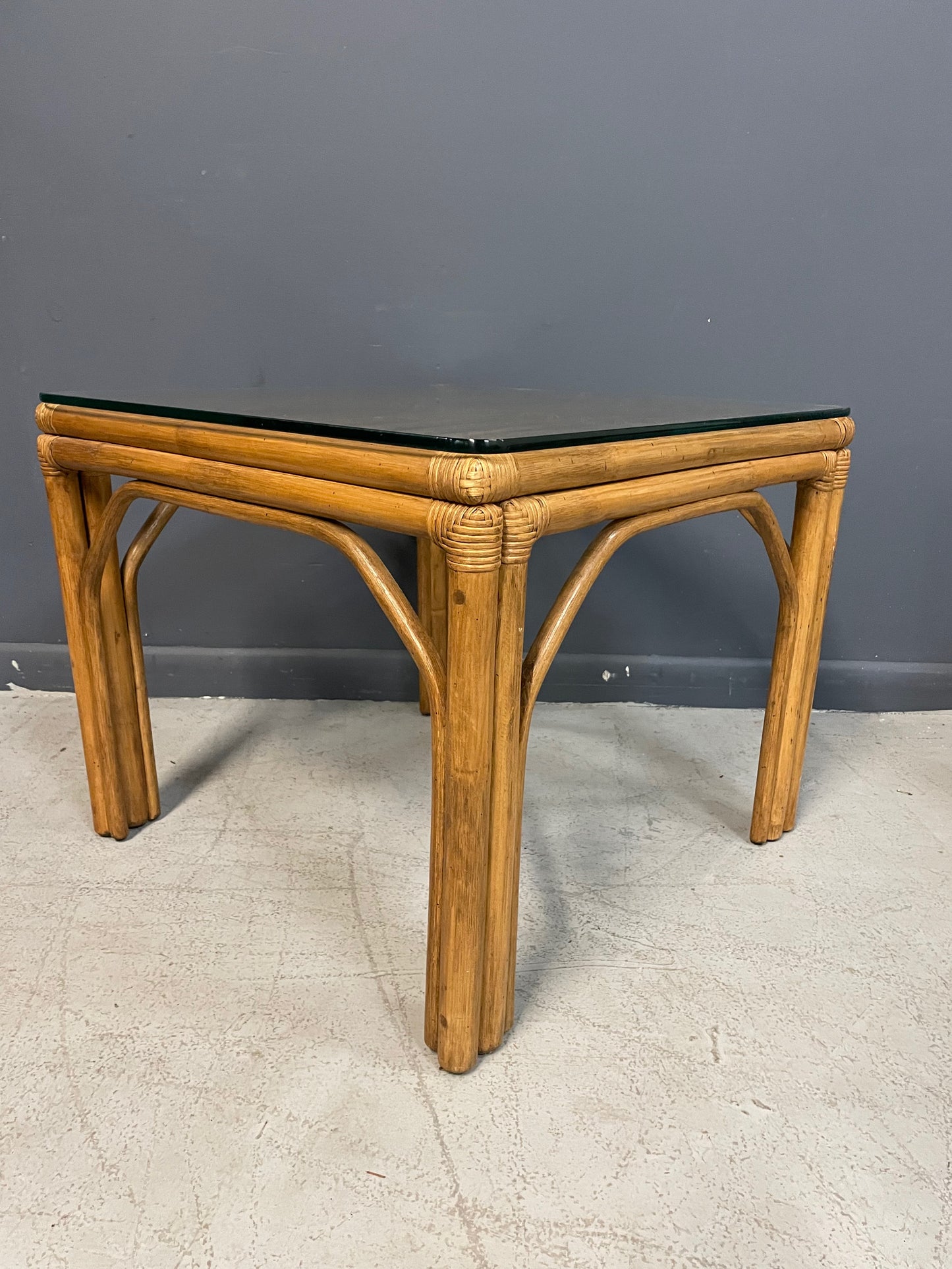 SOLD – Pair of Square Bamboo Side or End Tables with Glass Tops Mid Century