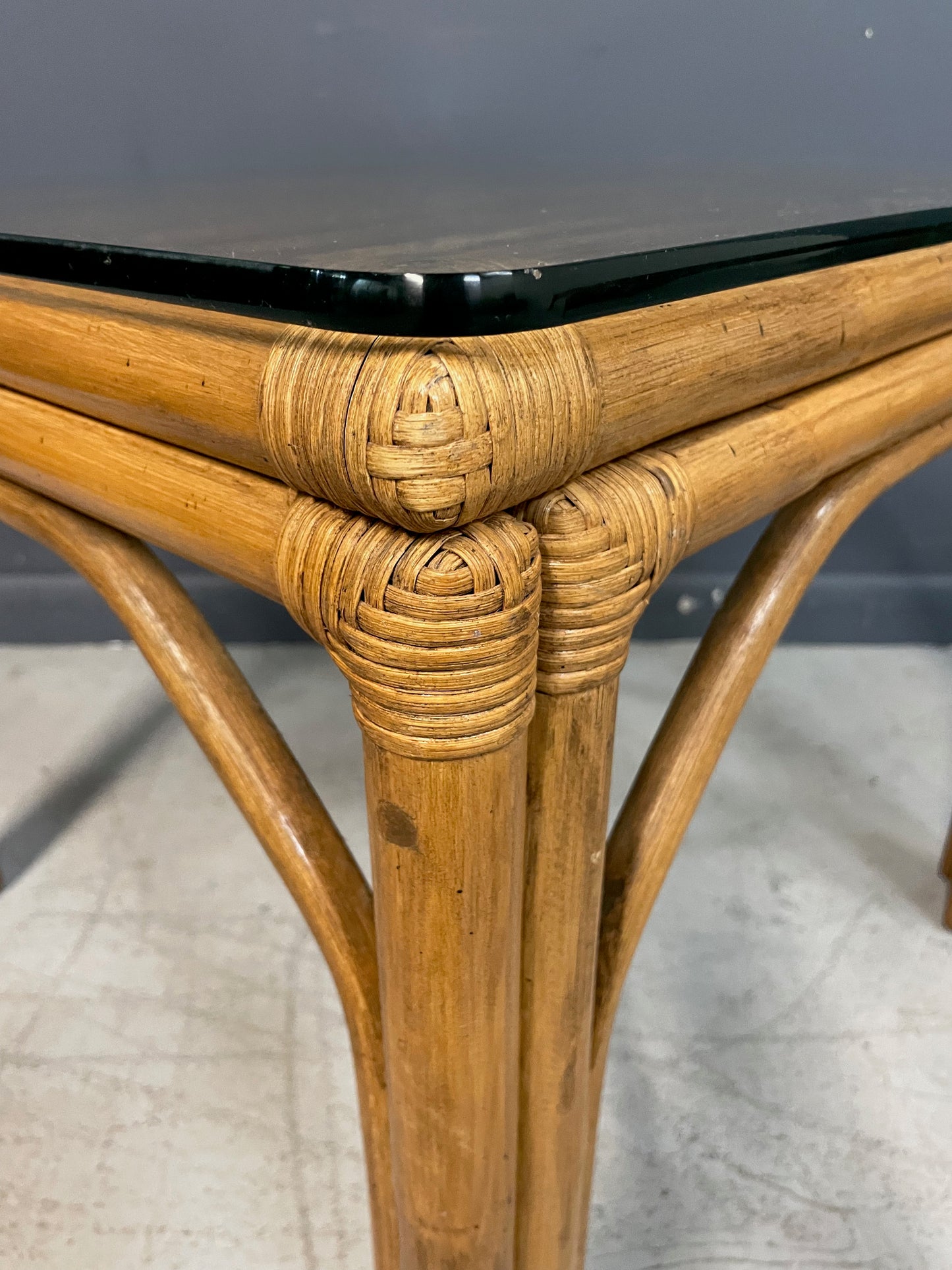 SOLD – Pair of Square Bamboo Side or End Tables with Glass Tops Mid Century
