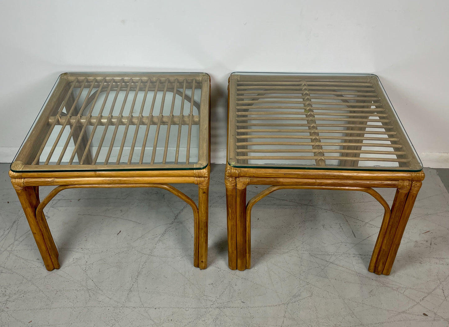 SOLD – Pair of Square Bamboo Side or End Tables with Glass Tops Mid Century