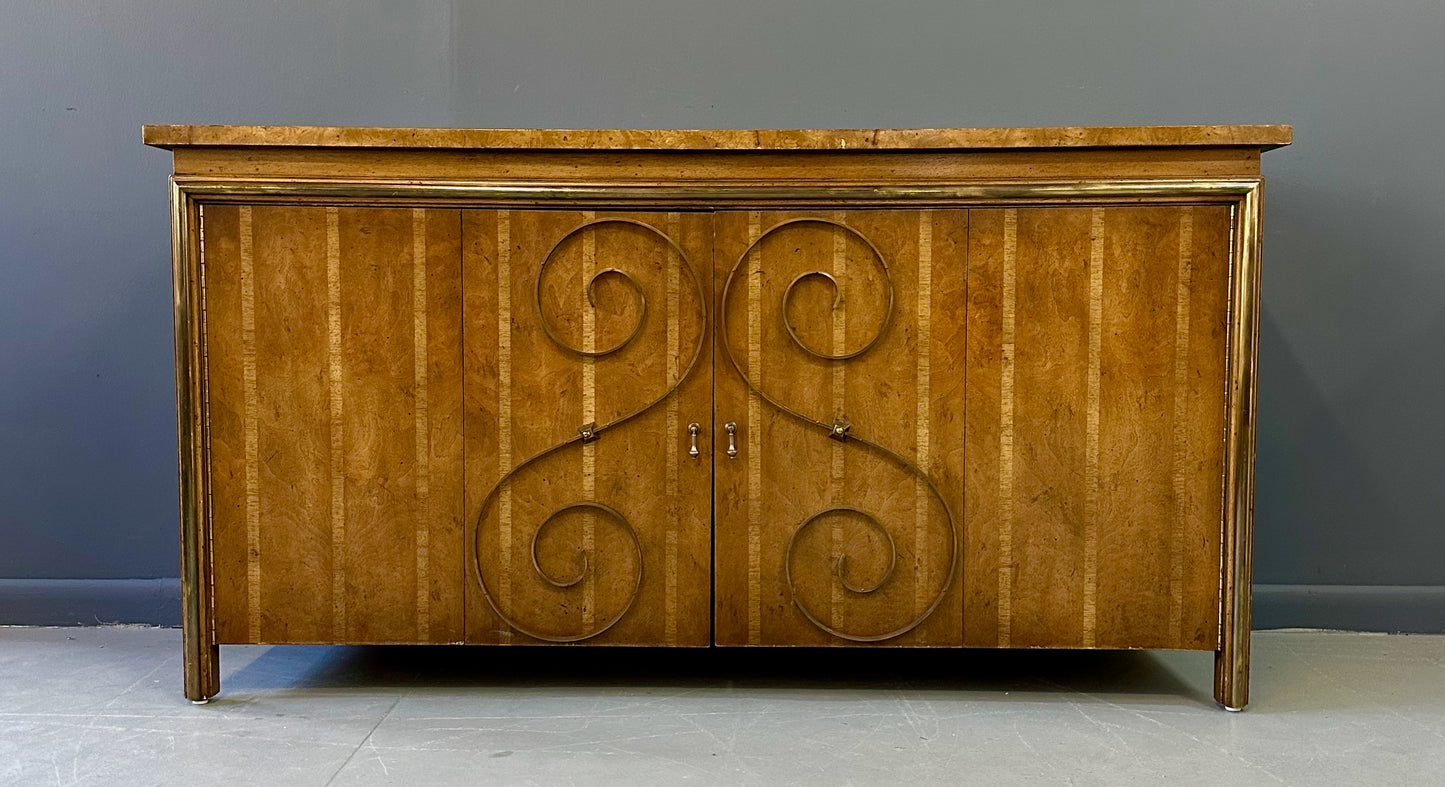 1950s Neoclassical Revival Sideboard in Pecan and Burl with Brass Scroll Details