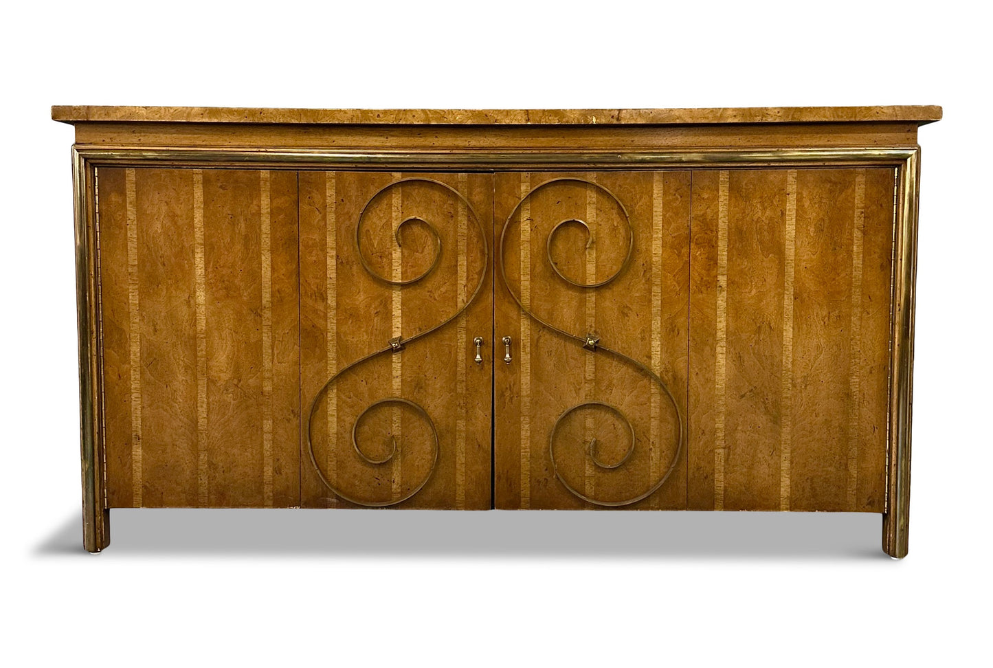 1950s Neoclassical Revival Sideboard in Pecan and Burl with Brass Scroll Details
