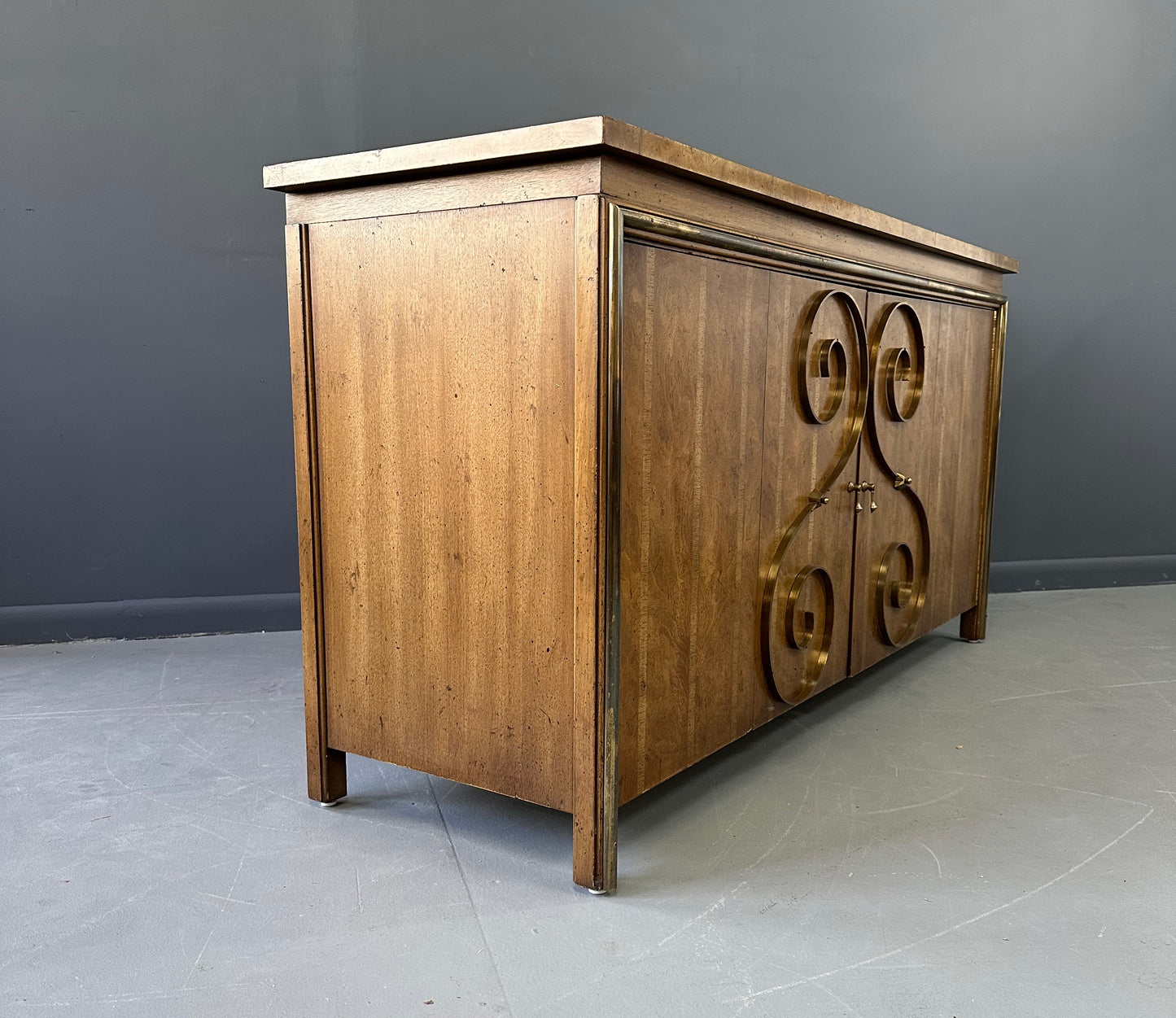 1950s Neoclassical Revival Sideboard in Pecan and Burl with Brass Scroll Details