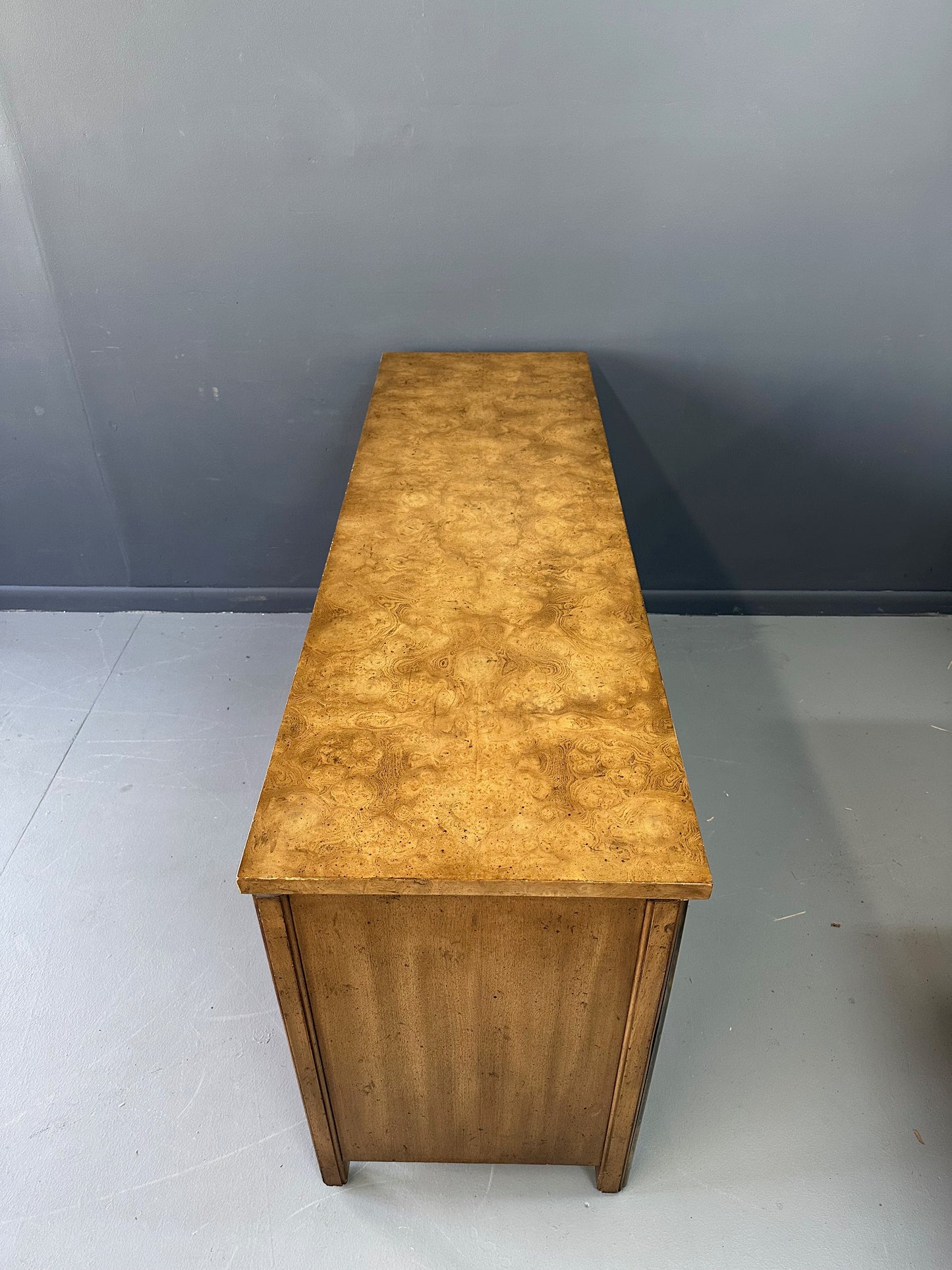 1950s Neoclassical Revival Sideboard in Pecan and Burl with Brass Scroll Details