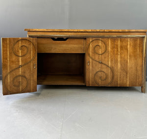 1950s Neoclassical Revival Sideboard in Pecan and Burl with Brass Scroll Details