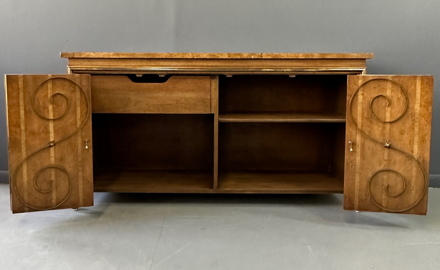 1950s Neoclassical Revival Sideboard in Pecan and Burl with Brass Scroll Details