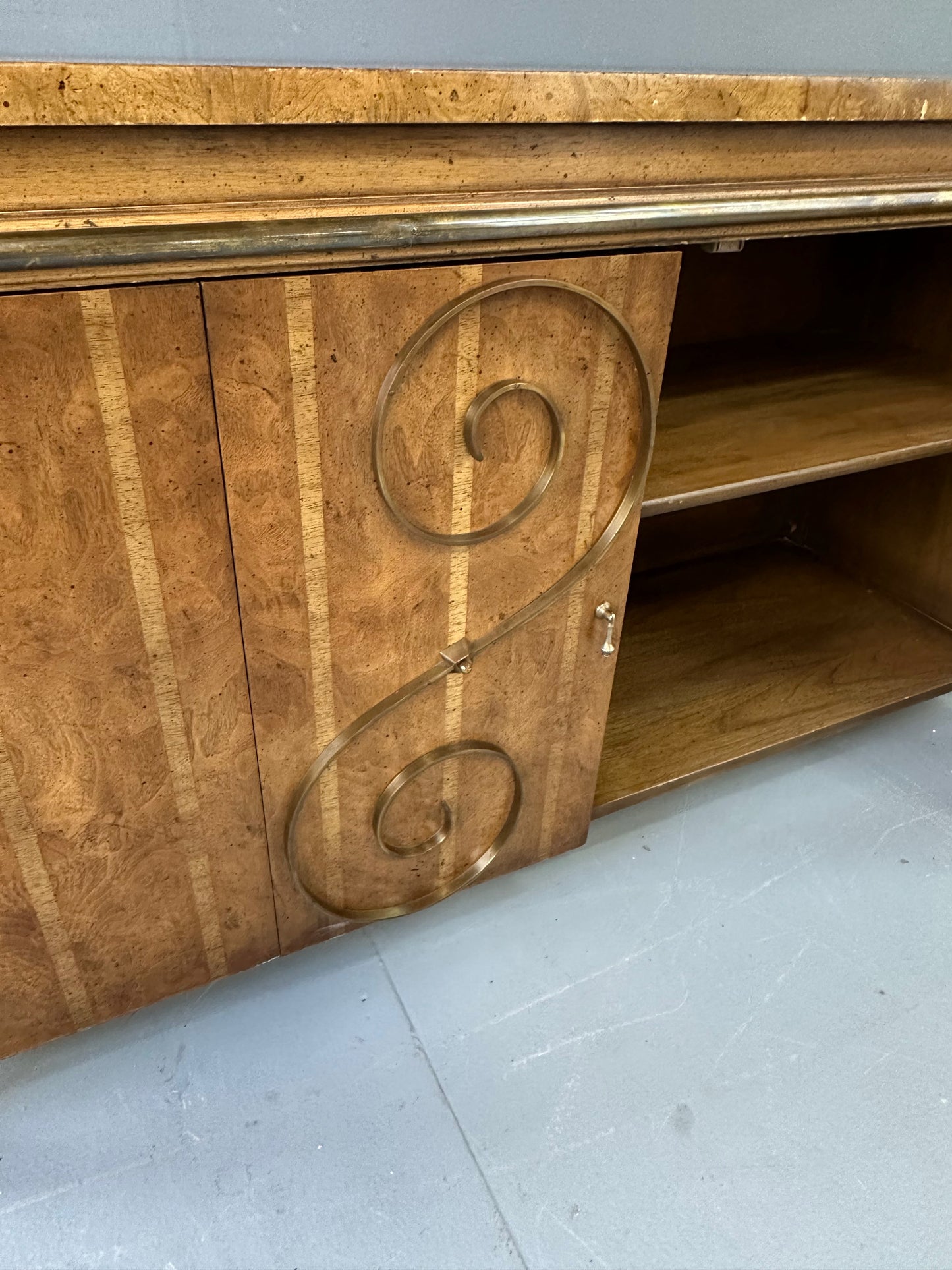 1950s Neoclassical Revival Sideboard in Pecan and Burl with Brass Scroll Details