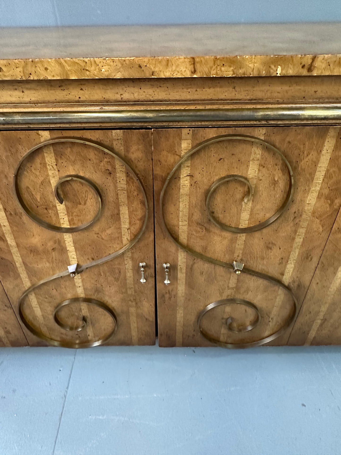 1950s Neoclassical Revival Sideboard in Pecan and Burl with Brass Scroll Details