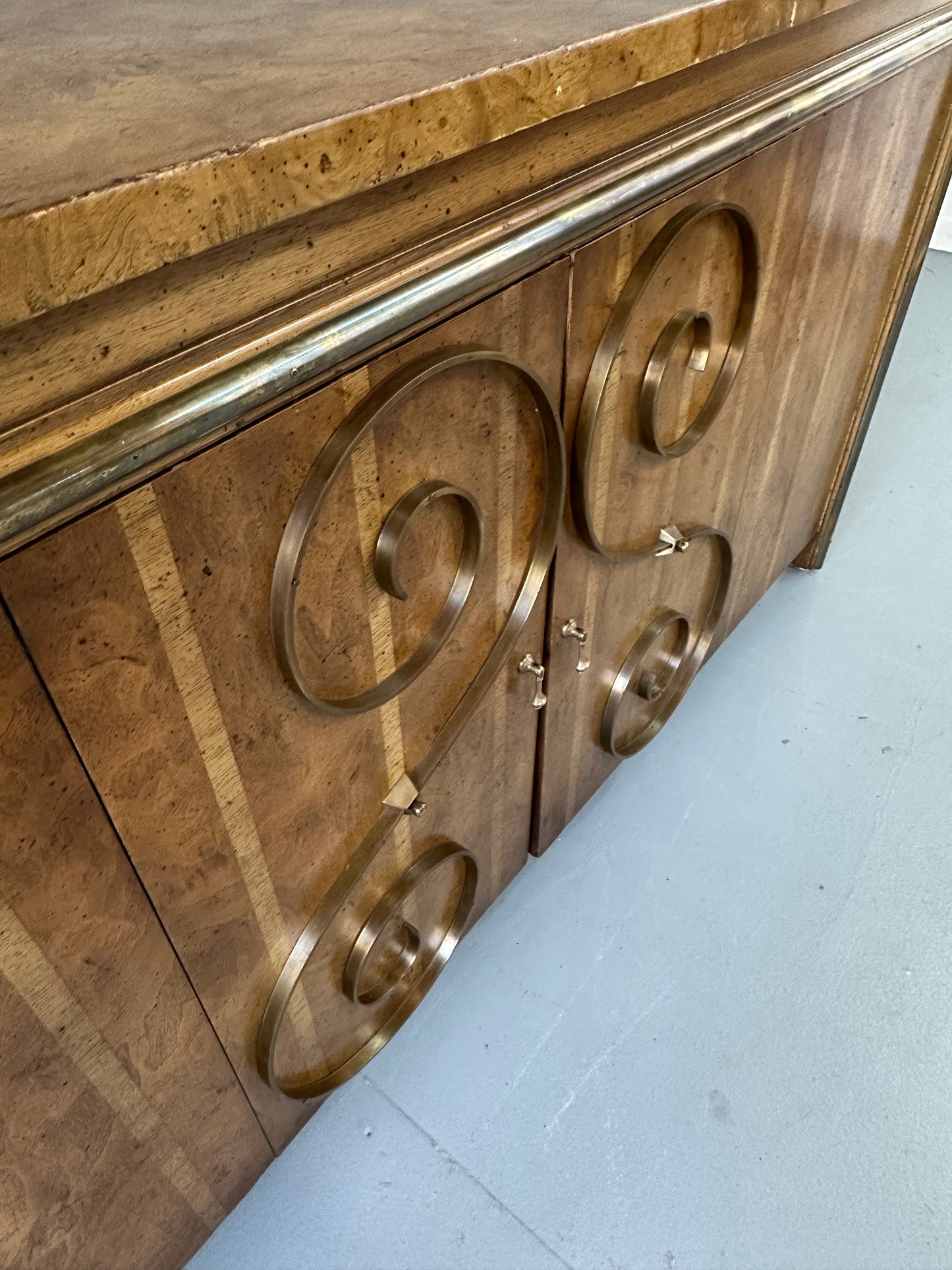 1950s Neoclassical Revival Sideboard in Pecan and Burl with Brass Scroll Details