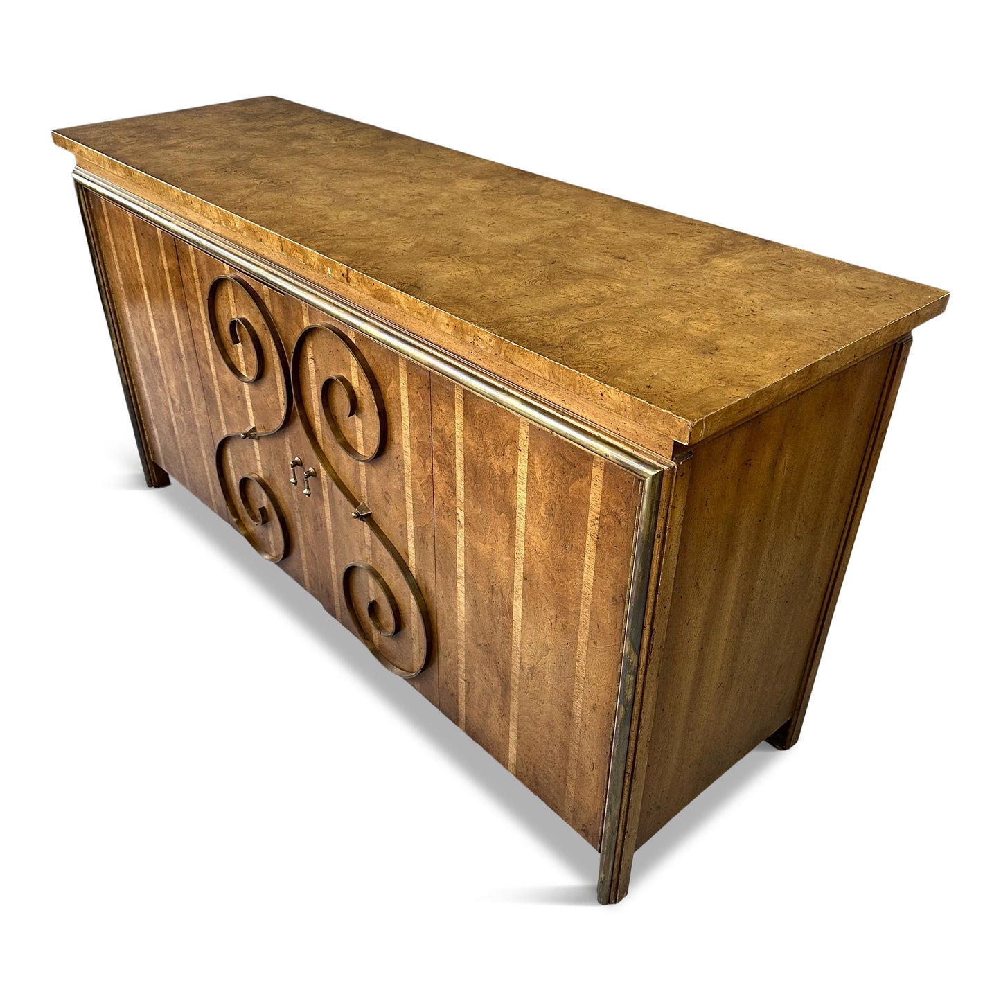 1950s Neoclassical Revival Sideboard in Pecan and Burl with Brass Scroll Details