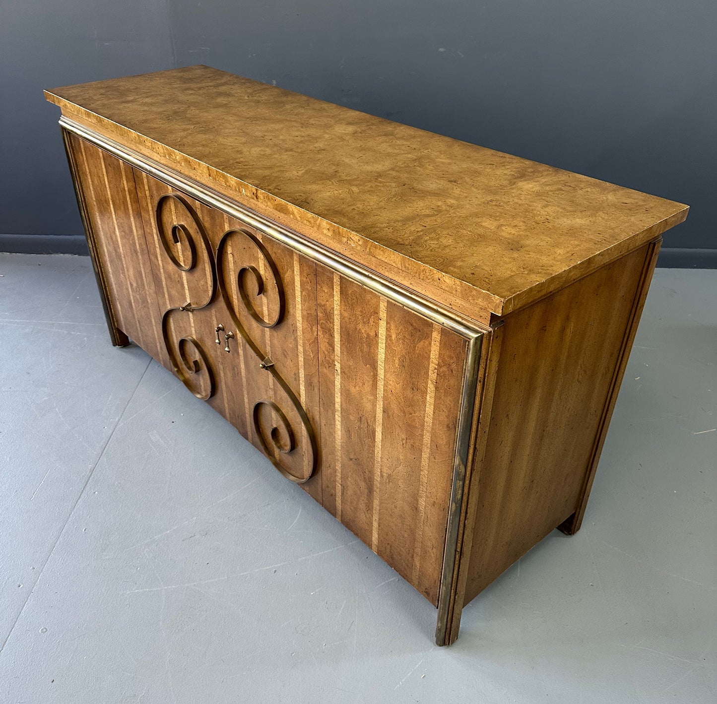 1950s Neoclassical Revival Sideboard in Pecan and Burl with Brass Scroll Details
