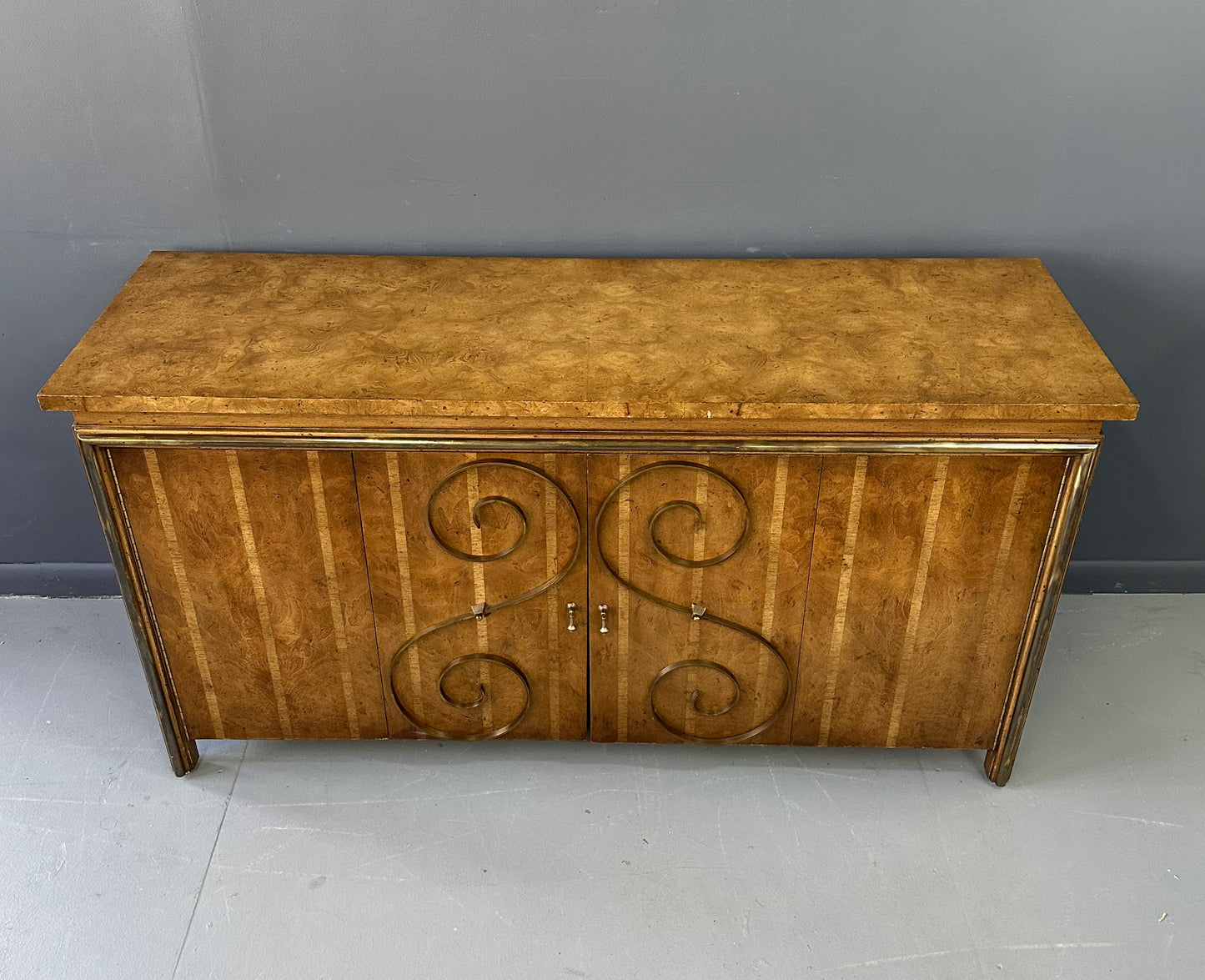 1950s Neoclassical Revival Sideboard in Pecan and Burl with Brass Scroll Details